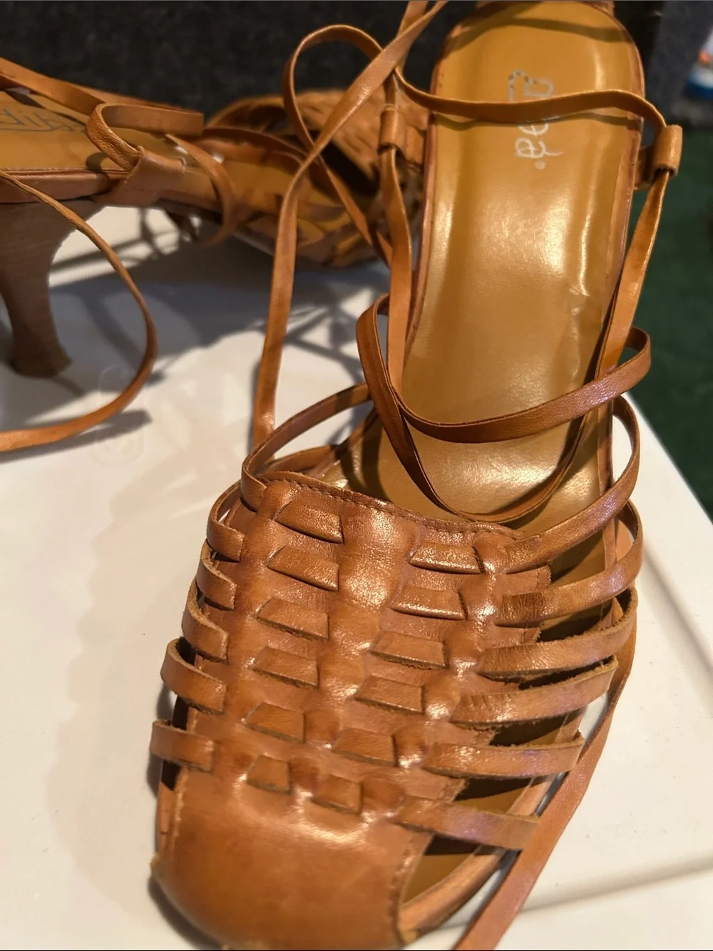 Diba Leather Woven Lace-Up Espadrille Heels in Tan